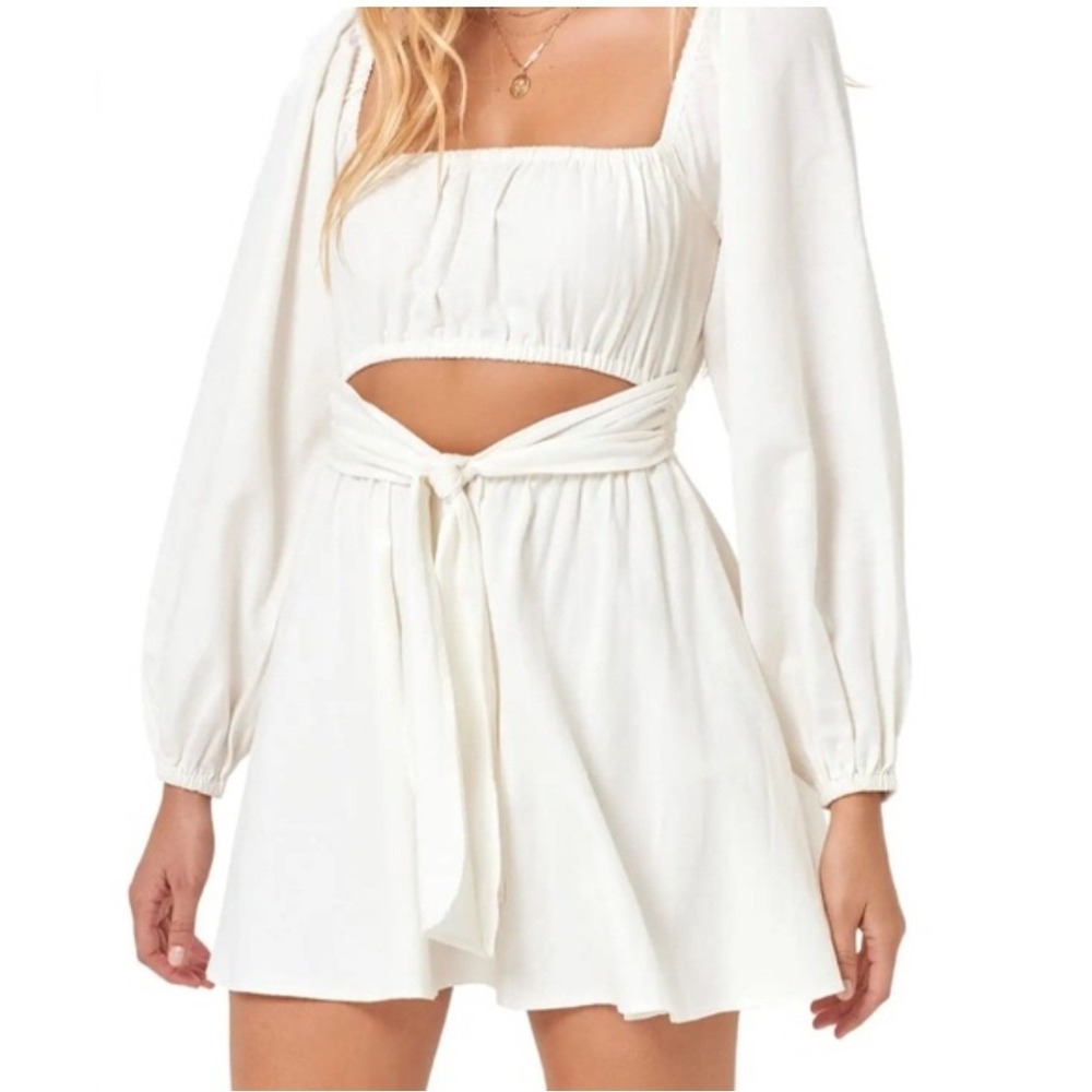 L*Space Rosita White Linen Blend Cutout Tie Front Mini Dress‎ Large Long Sleeve